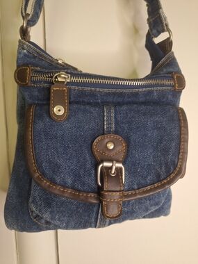 Casual Denim Crossbody Bag with Brown Trim -3 Different Pockets.